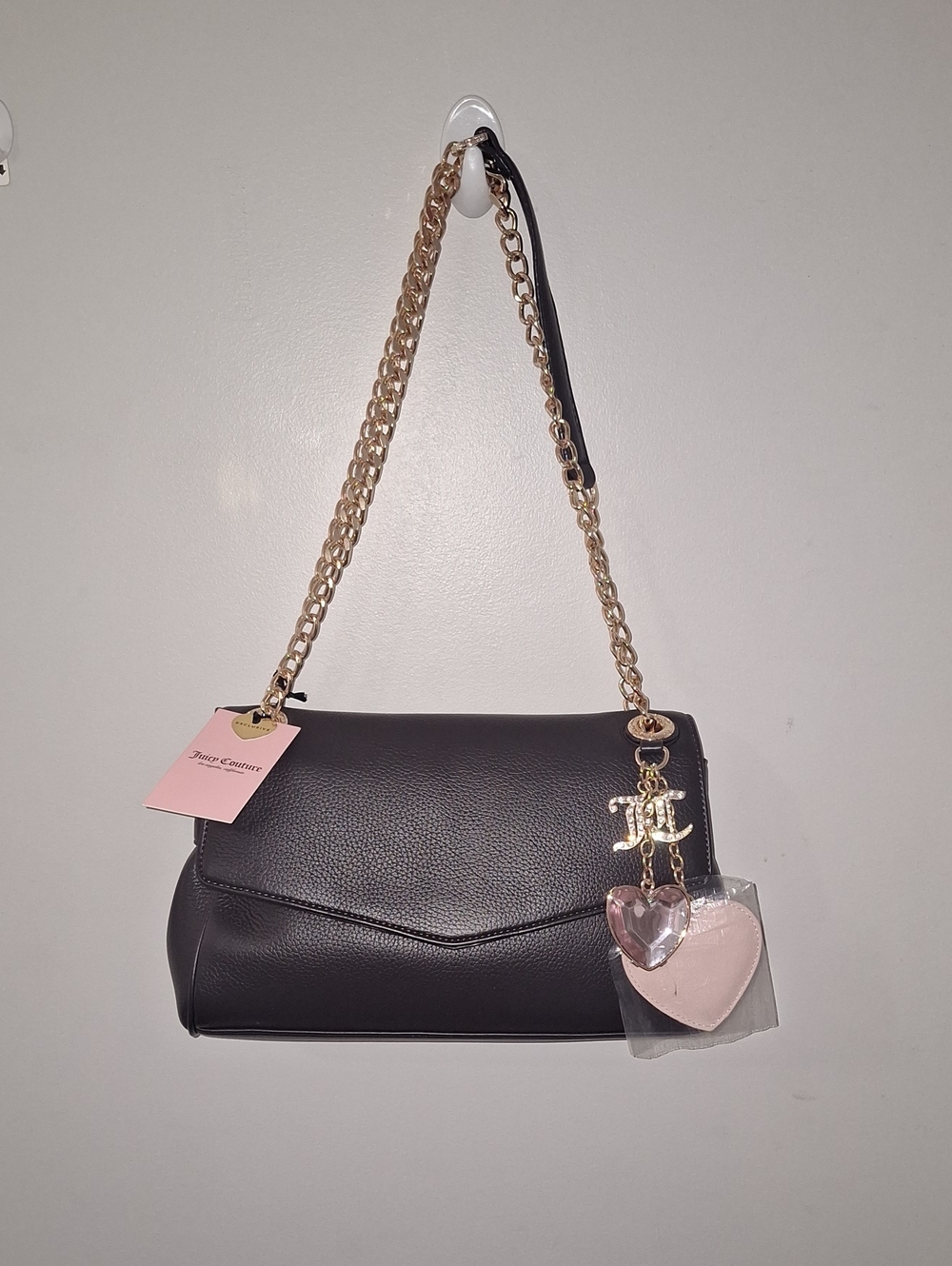 EXCLUSIVE Juicy Couture Black Shoulder Bag with Gold Chain and Pink Heart Charm